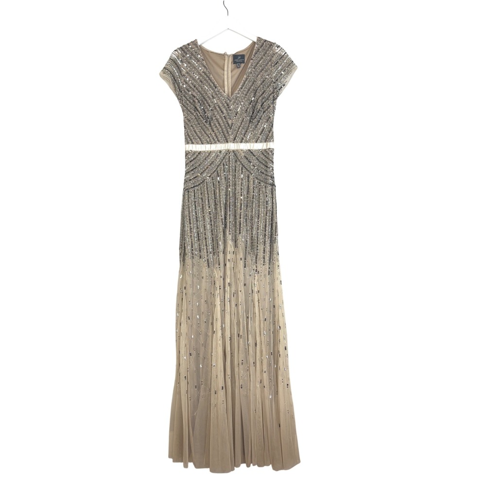 Adrianna Papell Beaded Sequin V-Neck Gown Cap Sleeve Maxi Dress Champagne Silver - Picture 5 of 16